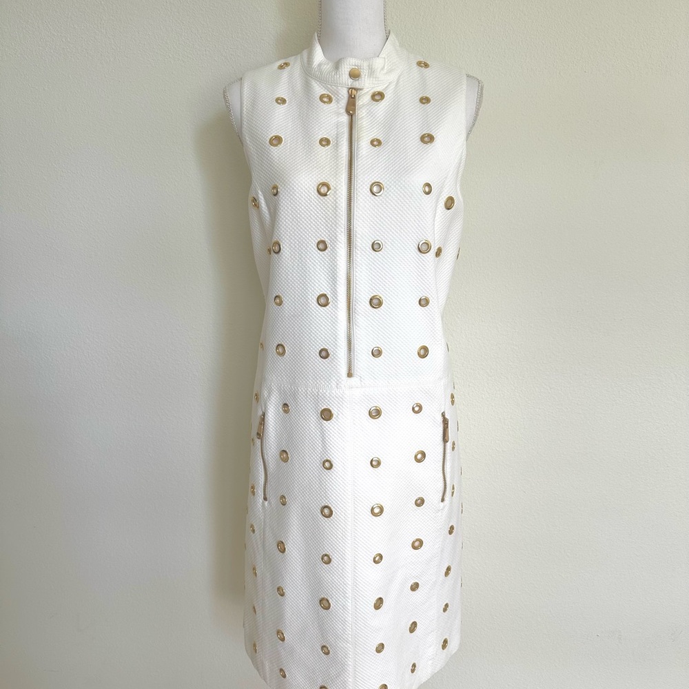Per Se White Shift Dress with Gold Grommets